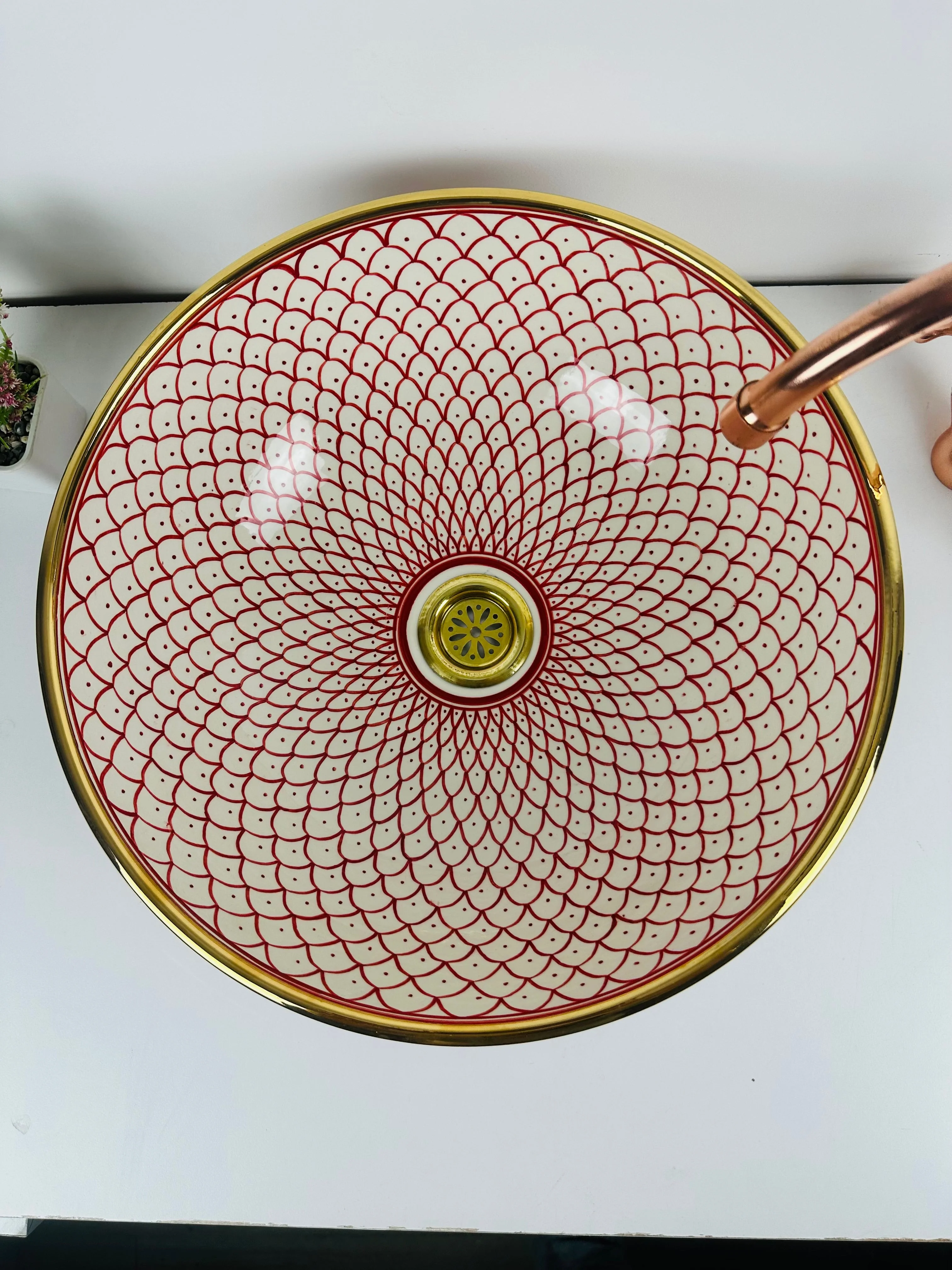 Pink 14 Karat Gold rimmed ceramic sink -  handcrafted bathroom vessel - rose lavatory modern bowl washbasin - Image 5